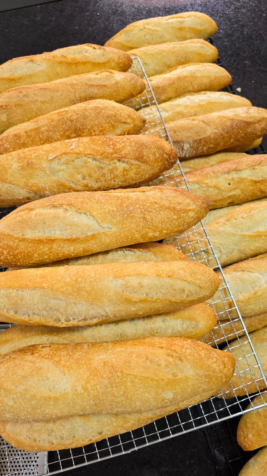 Baguetes artesanais recém-saídas do forno esfriando sobre grade