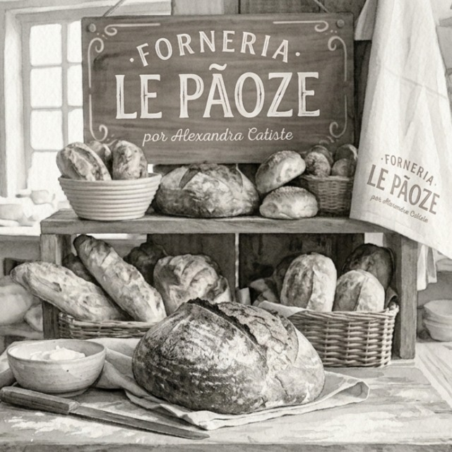 Ilustração da bancada da Forneria Le Pãoze, com pães, cestos e a placa da marca